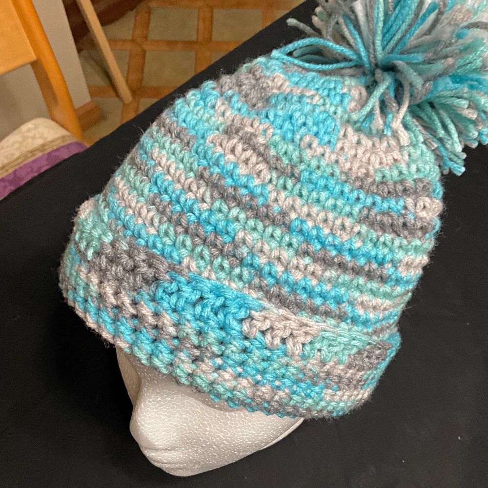 Handmade Crochet Pom-Pom Beanie Hat Teal Blue Gray White